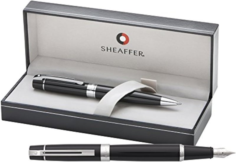 طقم قلم حبر سائل وقلم كروي شيفر سلسلة 300 باللون الأسود اللامع