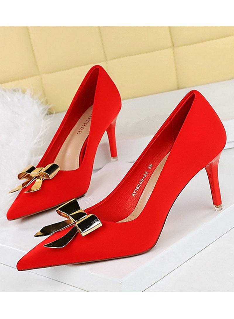 BIGTREE Women's Metal Bowknot Decoration Party Stiletto Pumps Satin Pointed Closed Toe High Heels Red 7.5CM - Image 1
