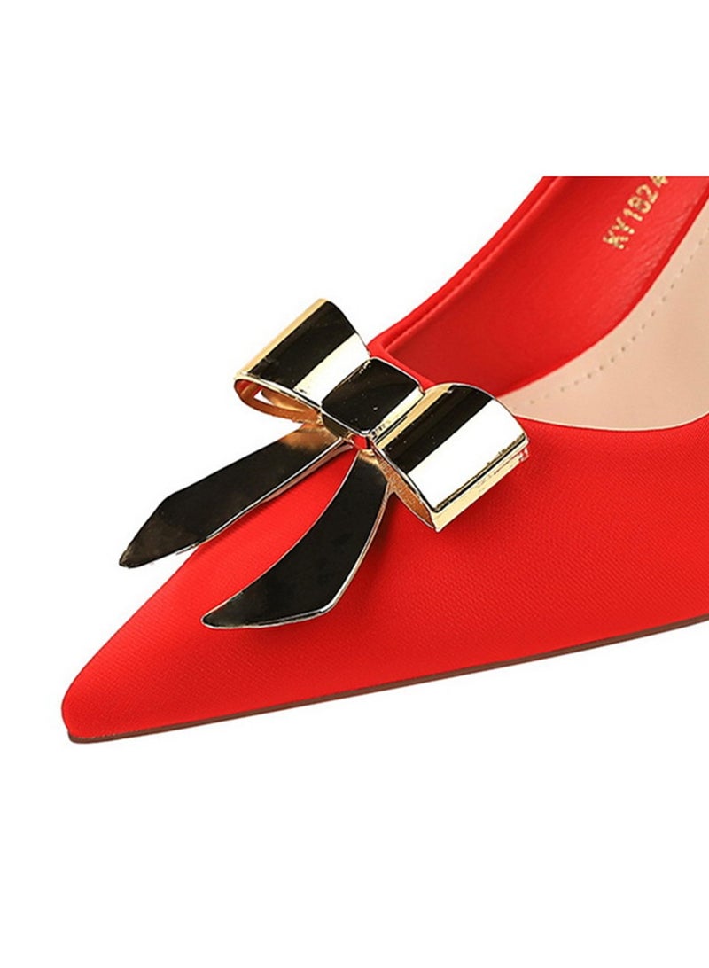 BIGTREE Women's Metal Bowknot Decoration Party Stiletto Pumps Satin Pointed Closed Toe High Heels Red 7.5CM - Image 2