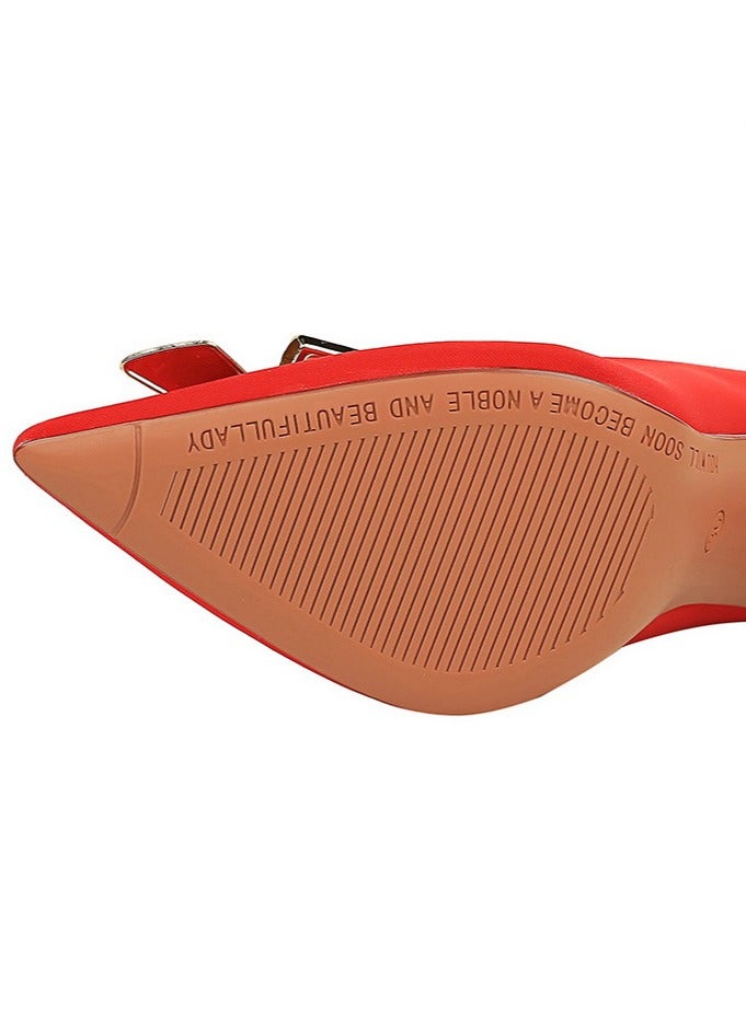 BIGTREE Women's Metal Bowknot Decoration Party Stiletto Pumps Satin Pointed Closed Toe High Heels Red 7.5CM - Image 3