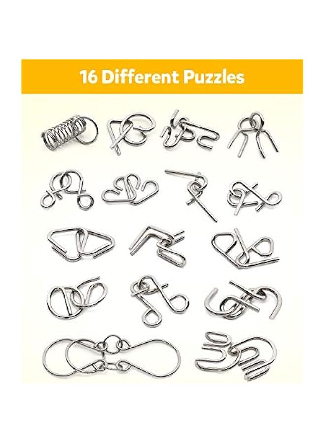 Metal Wire Puzzle Set of 16 with Pouch,Brain Teaser IQ Test Disentanglemen Iron Link Unlock Interlock Game Chinese Ring Magic Trick Toy for Party Favor Kids Adults Challenge - Image 2