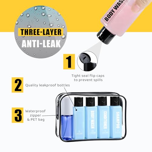 GearTrust Labeled Travel Bottles for Toiletries, 3.4oz TSA Approved Travel Shampoo and Conditioner Bottles with Spray, Leak Proof Clear Plastic Containers with Flip Cap-5 PCS - Image 3