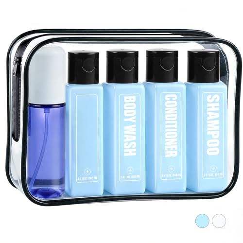 GearTrust Labeled Travel Bottles for Toiletries, 3.4oz TSA Approved Travel Shampoo and Conditioner Bottles with Spray, Leak Proof Clear Plastic Containers with Flip Cap-5 PCS - Image 1