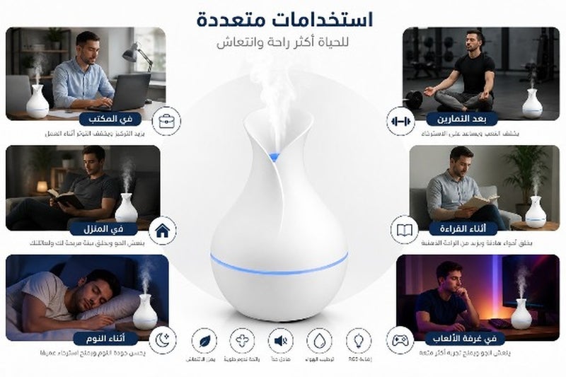فواحة عطرية ومرطب هواء USB بتصميم مزهرية أنيق، جهاز ترطيب الهواء بالموجات فوق الصوتية مع إضاءة LED ملونة، ناشر زيوت عطرية هادئ للمنزل والمكتب وغرفة النوم والسيارة - Image 2