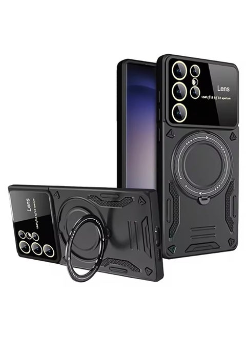 Case for Samsung Galaxy S25 Ultra with Ring Kickstand, Lens All-Inclusive Protection Grade Drop Shockproof Anti-Scratch Armor Cover Case   Black