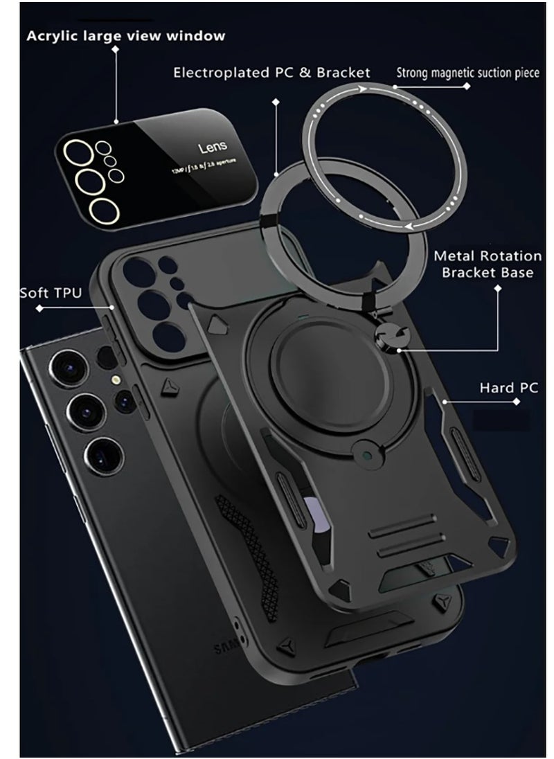Case for Samsung Galaxy S25 Ultra with Ring Kickstand, Lens All-Inclusive Protection Grade Drop Shockproof Anti-Scratch Armor Cover Case   Black