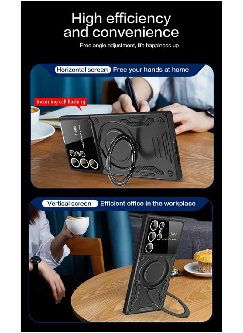 Case for Samsung Galaxy S25 Ultra with Ring Kickstand, Lens All-Inclusive Protection Grade Drop Shockproof Anti-Scratch Armor Cover Case   Black
