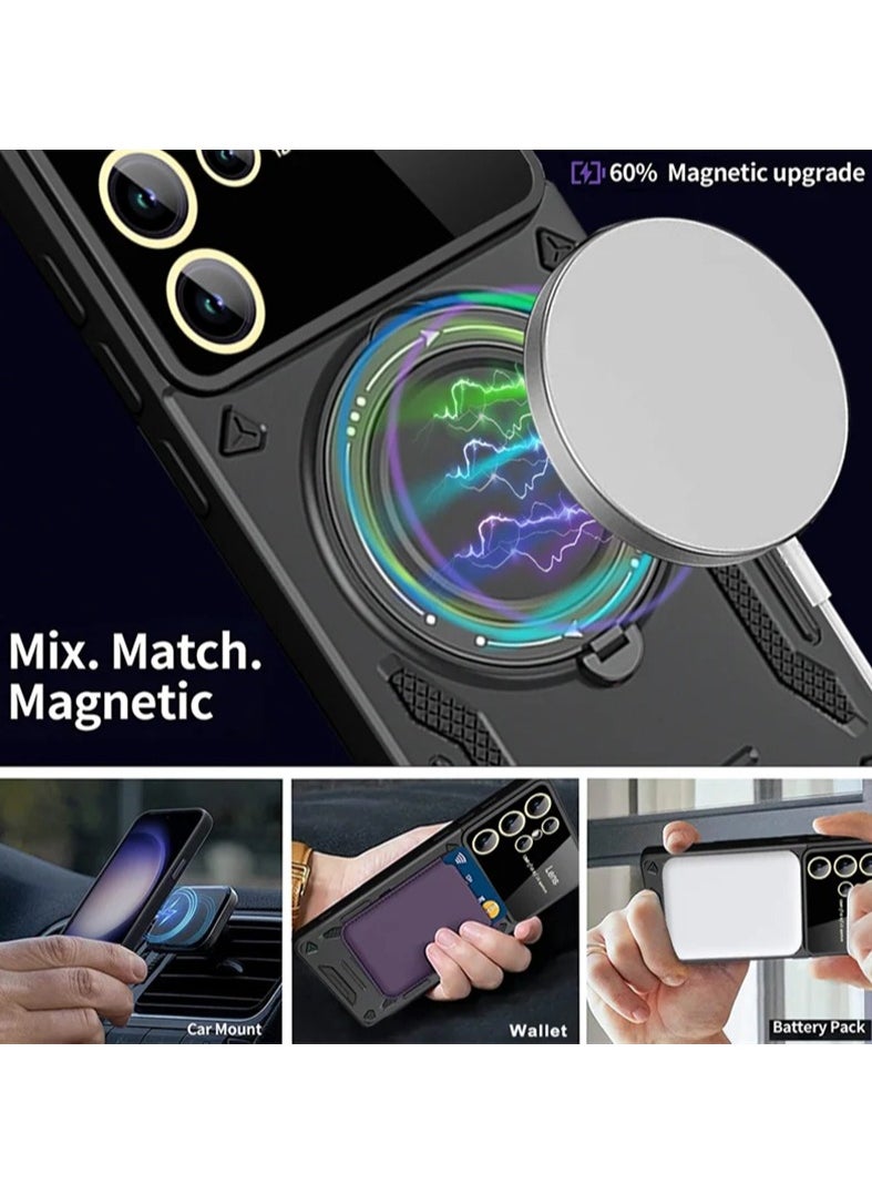 Case for Samsung Galaxy S25 Ultra with Ring Kickstand, Lens All-Inclusive Protection Grade Drop Shockproof Anti-Scratch Armor Cover Case   Black