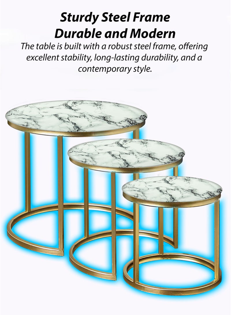 DBLEW 3 Pieces Modern Stackable Round Nesting Table Set Luxury Minimalist Stacking Coffee Tables With 3mm Faux White Marble Glass Tabletop And Gold Steel Frame Accent Tables End Tables Side Tables For Home Office Living Room Hall And Small Spaces Sofa Centre Teapoy Table  - Image 3