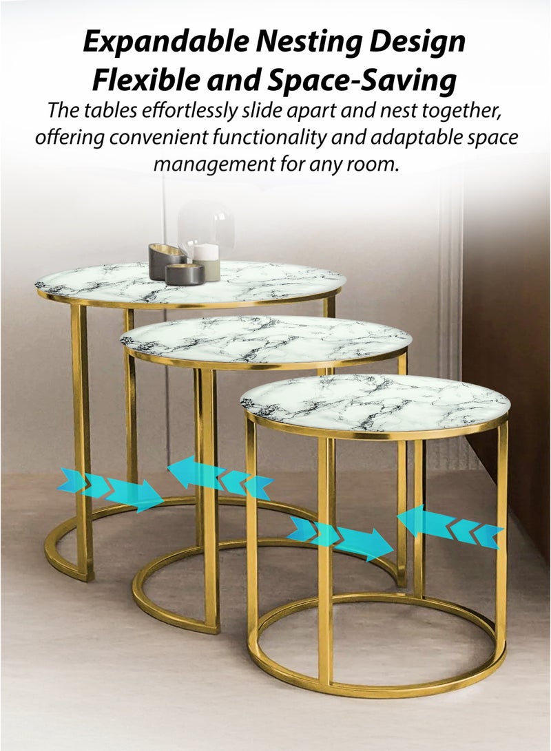 DBLEW 3 Pieces Modern Stackable Round Nesting Table Set Luxury Minimalist Stacking Coffee Tables With 3mm Faux White Marble Glass Tabletop And Gold Steel Frame Accent Tables End Tables Side Tables For Home Office Living Room Hall And Small Spaces Sofa Centre Teapoy Table  - Image 5