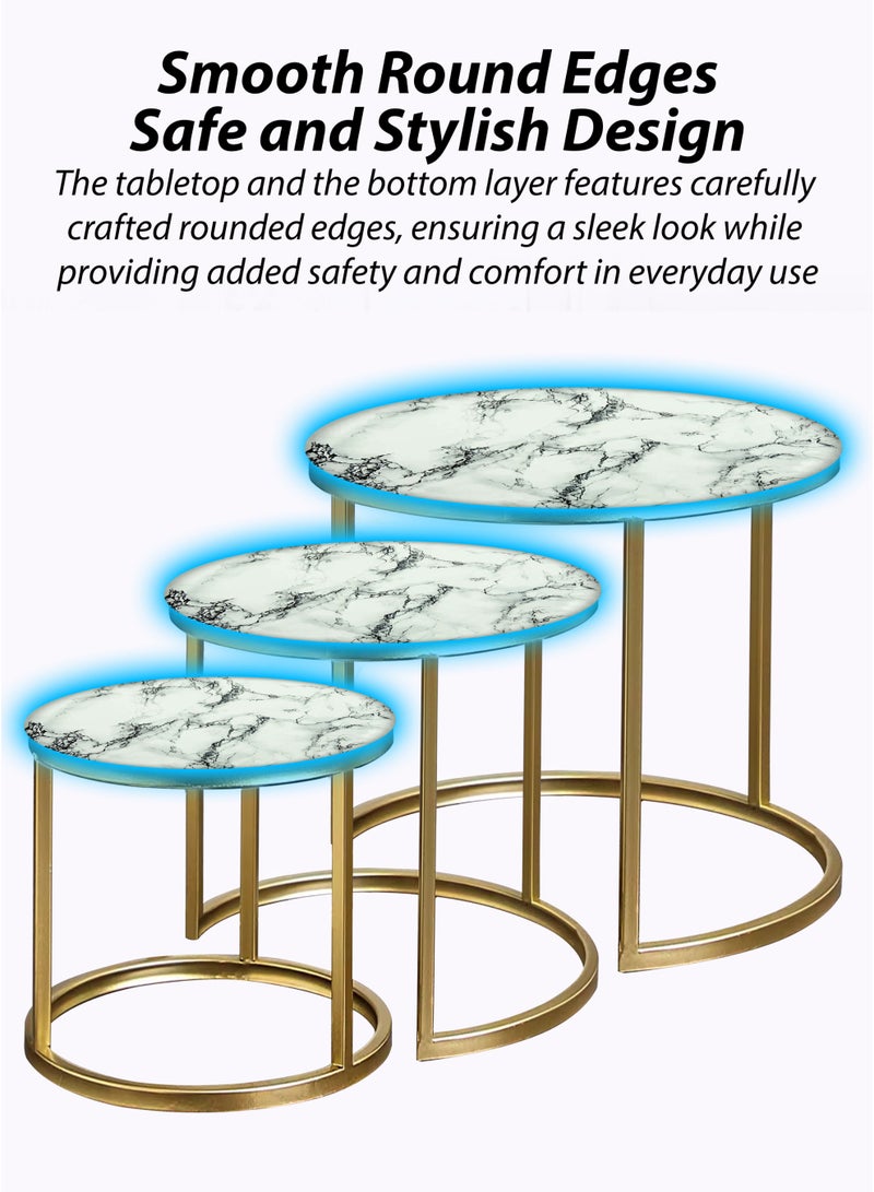 DBLEW 3 Pieces Modern Stackable Round Nesting Table Set Luxury Minimalist Stacking Coffee Tables With 3mm Faux White Marble Glass Tabletop And Gold Steel Frame Accent Tables End Tables Side Tables For Home Office Living Room Hall And Small Spaces Sofa Centre Teapoy Table  - Image 4