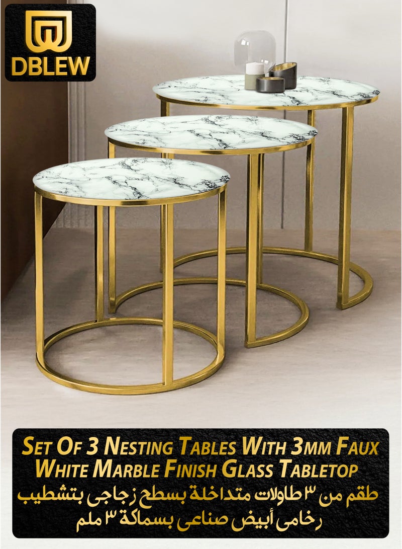 DBLEW 3 Pieces Modern Stackable Round Nesting Table Set Luxury Minimalist Stacking Coffee Tables With 3mm Faux White Marble Glass Tabletop And Gold Steel Frame Accent Tables End Tables Side Tables For Home Office Living Room Hall And Small Spaces Sofa Centre Teapoy Table  - Image 1