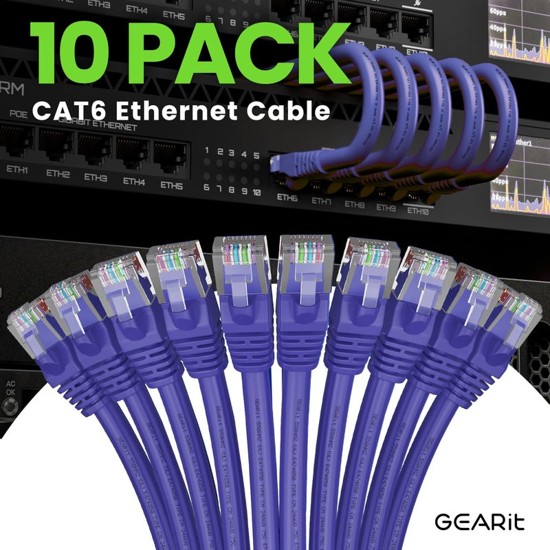 GearIT Cat 6 Ethernet Cable (10-Pack 3 Feet) Cat6 Network Patch, 10Gbps, RJ45, Snagless Cord, Gold-Plated Connectors, Internet for PC, TV, Tablet, Router, Printer, Servers, IT Data Center - Purple - Image 2