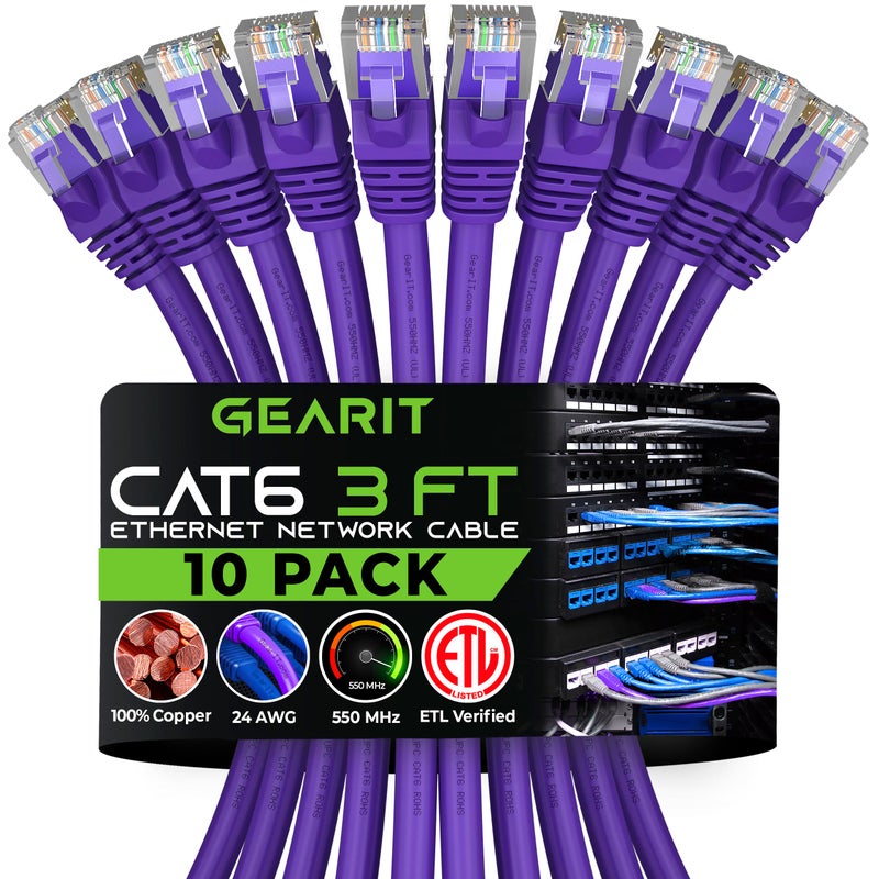 GearIT Cat 6 Ethernet Cable (10-Pack 3 Feet) Cat6 Network Patch, 10Gbps, RJ45, Snagless Cord, Gold-Plated Connectors, Internet for PC, TV, Tablet, Router, Printer, Servers, IT Data Center - Purple - Image 1