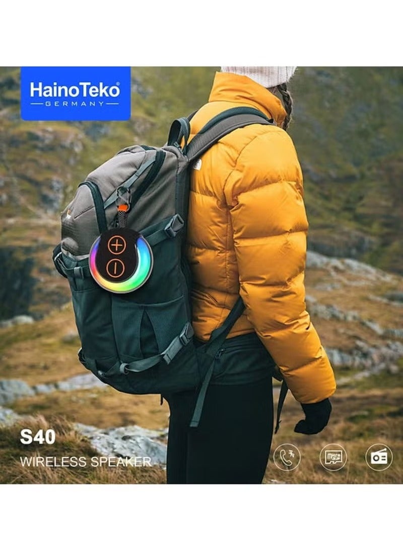 Haino Teko S40 Mini Wireless Bluetooth Speaker – Portable Speaker with Full-Body RGB Light Show, TWS Pairing, FM Radio, AUX-In, Card Slot, USB-C Charging, Deep Bass Stereo Sound – Indoor & Outdoor Party Speaker – Black - Image 4