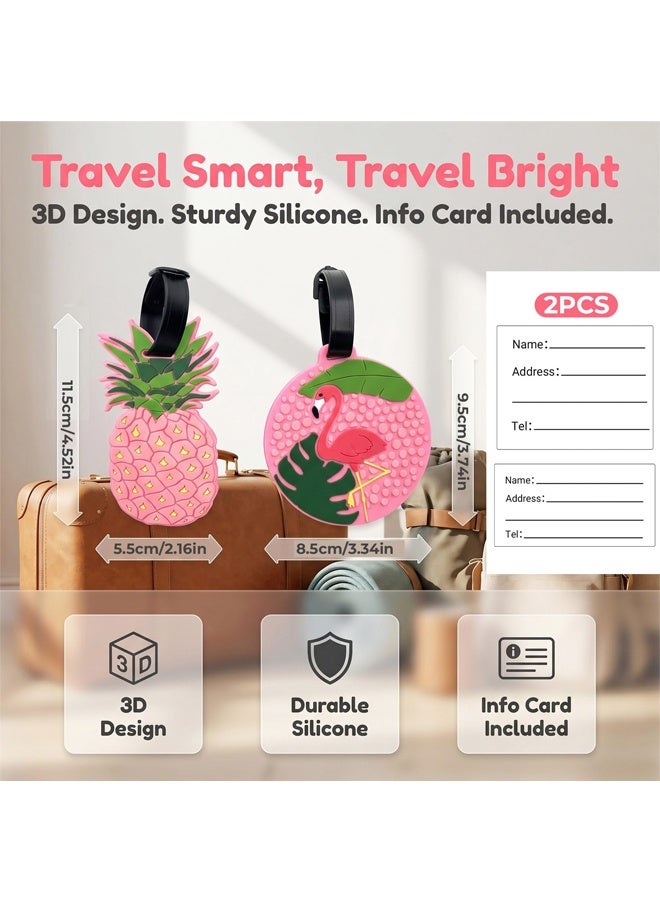 2 PCS Cute Pineapple Flamingo Luggage Tags for Travel Suitcase, Pink Summer Name Tags Silicone Suitcase Labels, Cartoon Travel Baggage Handbag Identity ID Labels for Women Girls - Image 2