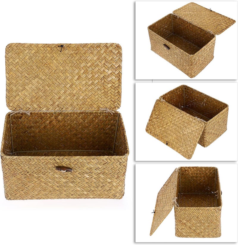 Hipiwe Wicker Shelf Baskets Bin with Lid, Handwoven Seagrass Basket Storage Bins Rectangular Household Basket Boxes for Shelf Wardrobe Home Organizer, Caramel Medium - Image 3