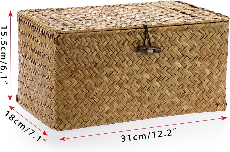 Hipiwe Wicker Shelf Baskets Bin with Lid, Handwoven Seagrass Basket Storage Bins Rectangular Household Basket Boxes for Shelf Wardrobe Home Organizer, Caramel Medium - Image 4