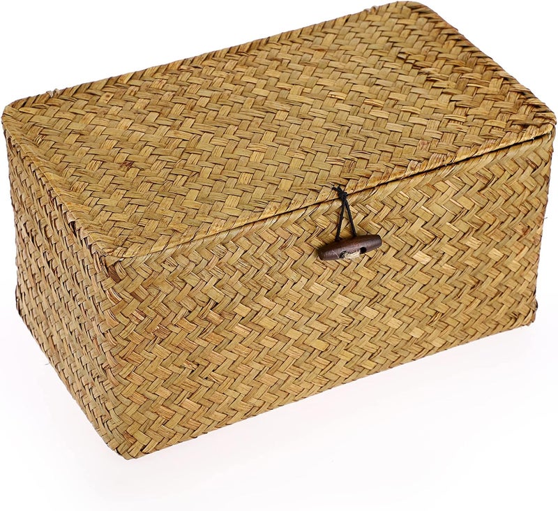 Hipiwe Wicker Shelf Baskets Bin with Lid, Handwoven Seagrass Basket Storage Bins Rectangular Household Basket Boxes for Shelf Wardrobe Home Organizer, Caramel Medium - Image 1
