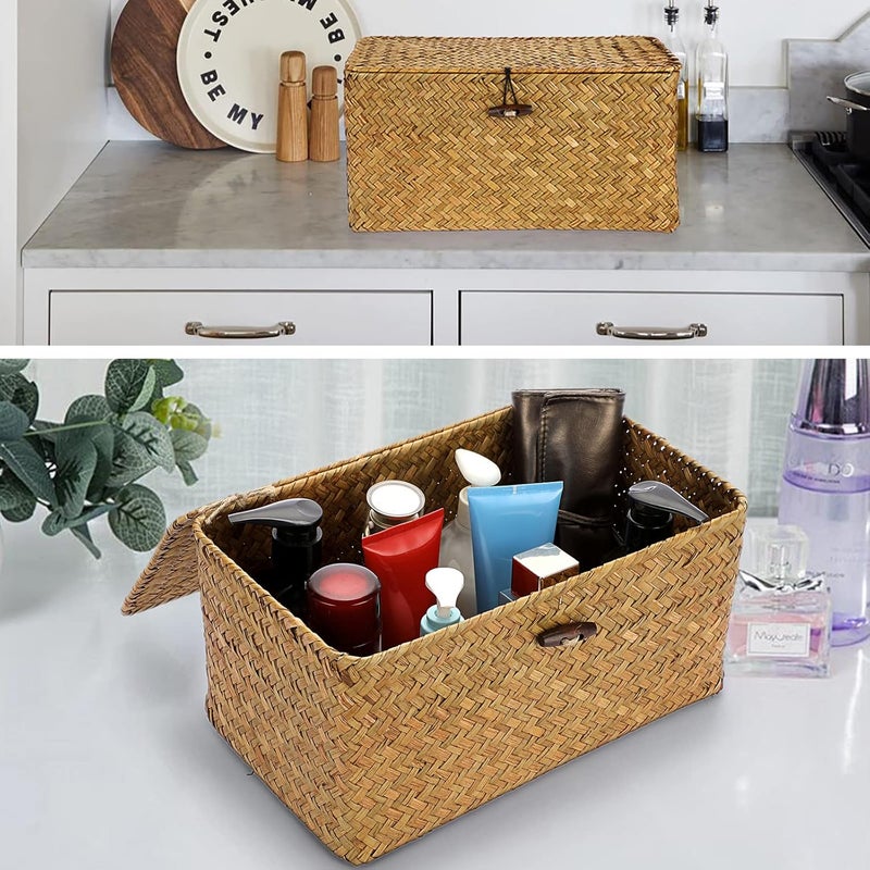 Hipiwe Wicker Shelf Baskets Bin with Lid, Handwoven Seagrass Basket Storage Bins Rectangular Household Basket Boxes for Shelf Wardrobe Home Organizer, Caramel Medium - Image 2