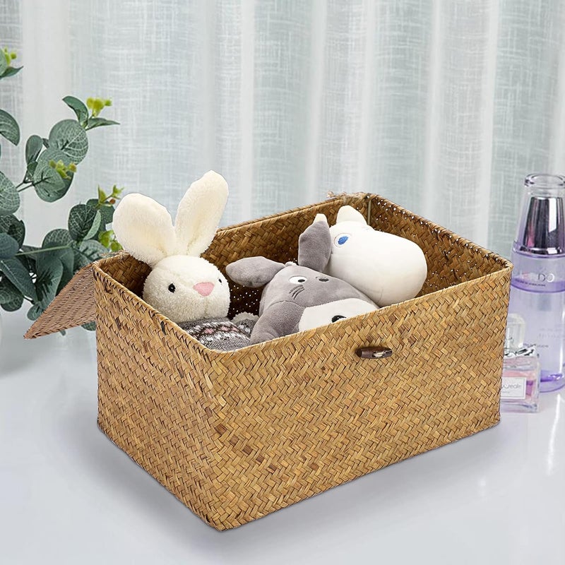 Hipiwe Wicker Shelf Baskets Bin with Lid, Handwoven Seagrass Basket Storage Bins Rectangular Household Basket Boxes for Shelf Wardrobe Home Organizer, Caramel Medium - Image 5