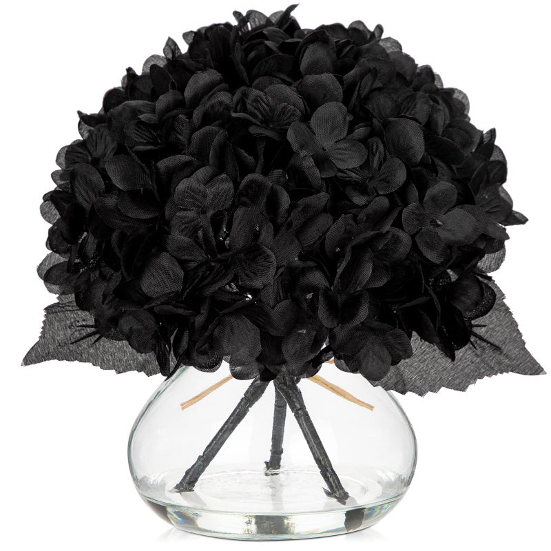 Hollyone Hydrangea Fall Flowers Artificial for Decoration with Glass Vase Black Silk Faux Flowers Arrangements in Vase with Faux Water Fake Floral Bouquet Table Centerpiece Halloween Home Decor