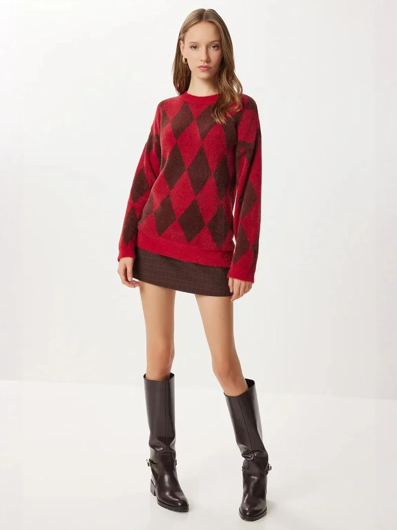 Lovely Istanbul ISTANBUL Crew Neck Oversized Sweater with Argyle Pattern