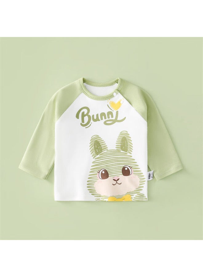 Duoxiluk Children's Long-sleeve T-shirt, Spring And Autumn Baby Clothes, Casual Inner Layer Undershirt, Light Green Striped Animal Pattern, Size 90