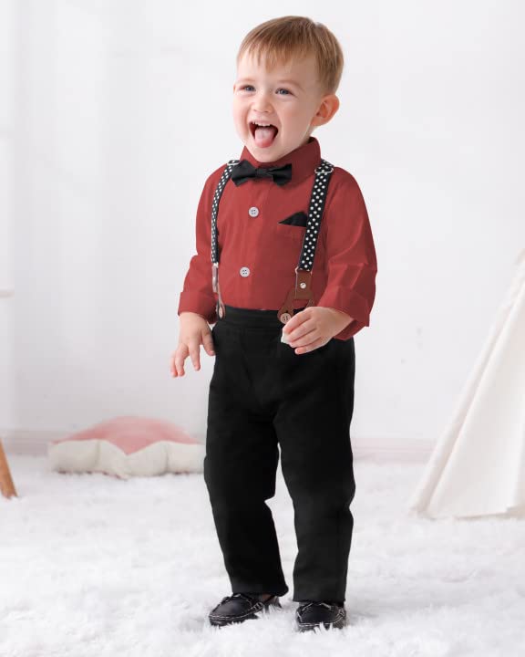 DISAUR Boys Wedding Guest Outfit Long Sleeve Red Dress Shirt Bow Tie Suspender Black Pants Christmas Valentines Outfit Back To School Gentleman Clothing 12-18 Months - Image 2