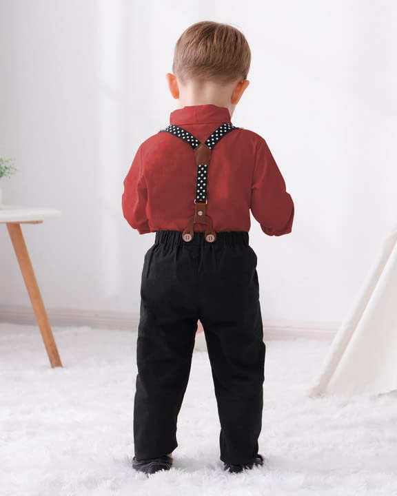 DISAUR Boys Wedding Guest Outfit Long Sleeve Red Dress Shirt Bow Tie Suspender Black Pants Christmas Valentines Outfit Back To School Gentleman Clothing 12-18 Months - Image 4