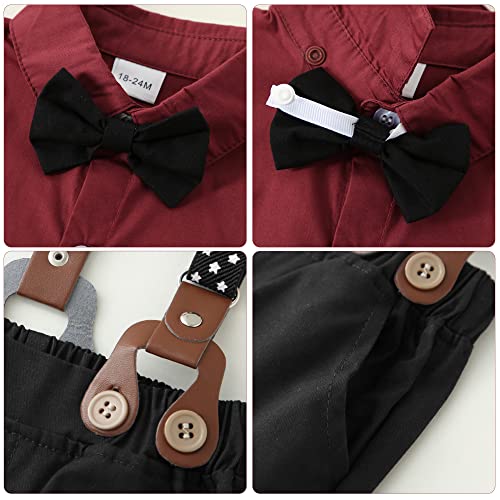 DISAUR Boys Wedding Guest Outfit Long Sleeve Red Dress Shirt Bow Tie Suspender Black Pants Christmas Valentines Outfit Back To School Gentleman Clothing 12-18 Months - Image 5