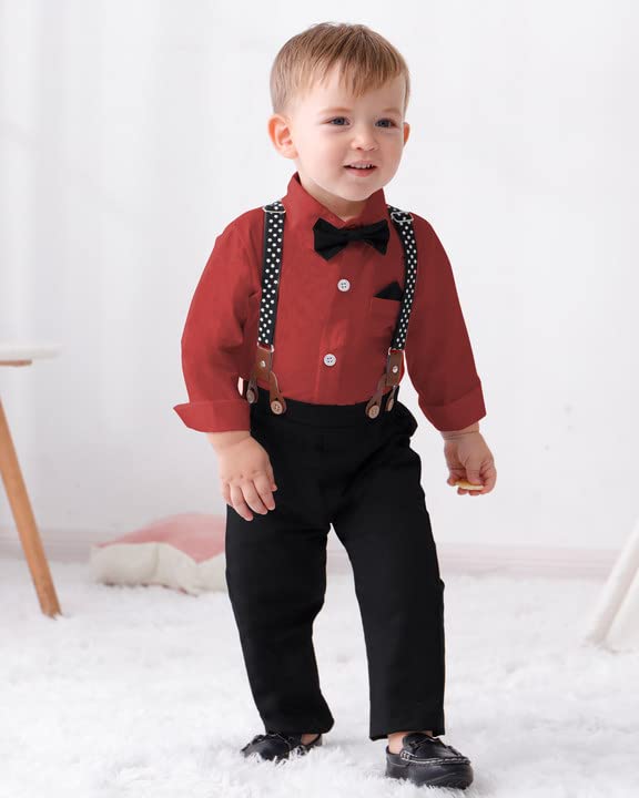 DISAUR Boys Wedding Guest Outfit Long Sleeve Red Dress Shirt Bow Tie Suspender Black Pants Christmas Valentines Outfit Back To School Gentleman Clothing 12-18 Months - Image 3