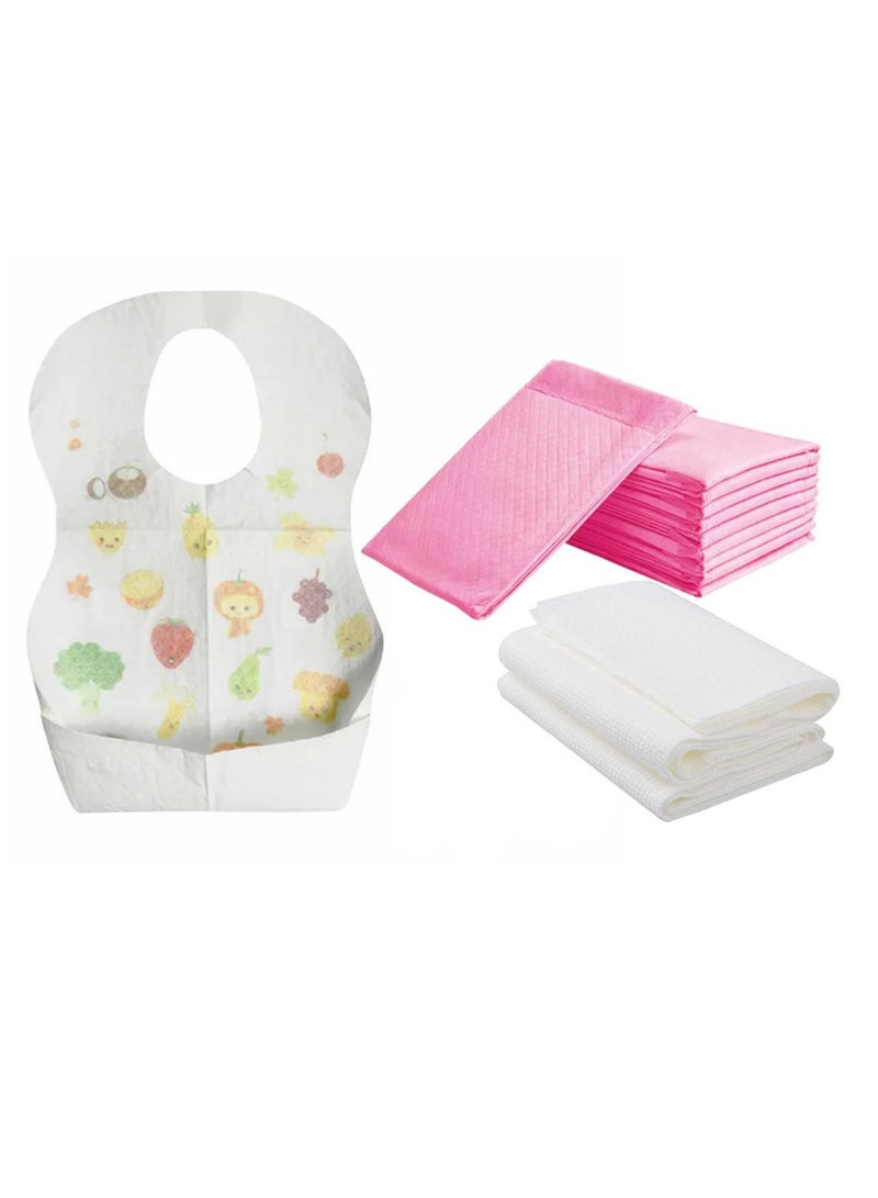 STAR BABiES Combo Pack Pack Disposable Changing Mat 10Pcs Disposable Towel 3Pcs Bibs 10Pcs-Pink - Image 1
