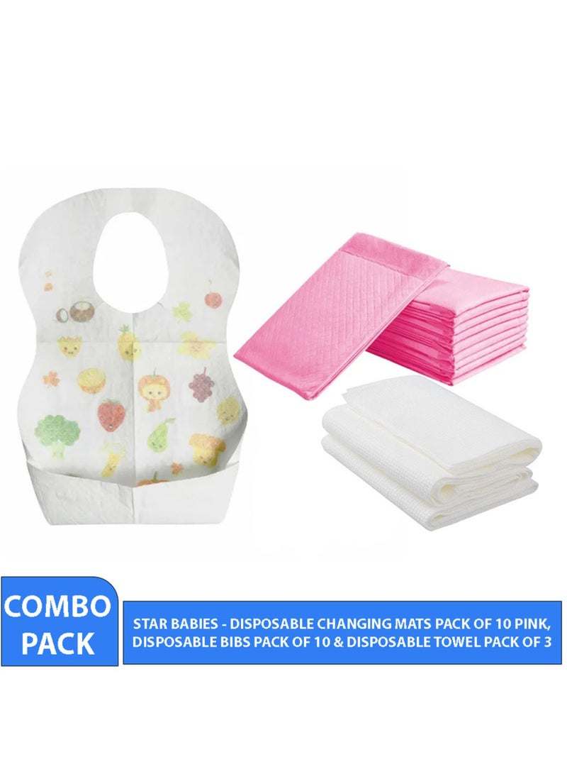STAR BABiES Combo Pack Pack Disposable Changing Mat 10Pcs Disposable Towel 3Pcs Bibs 10Pcs-Pink - Image 2