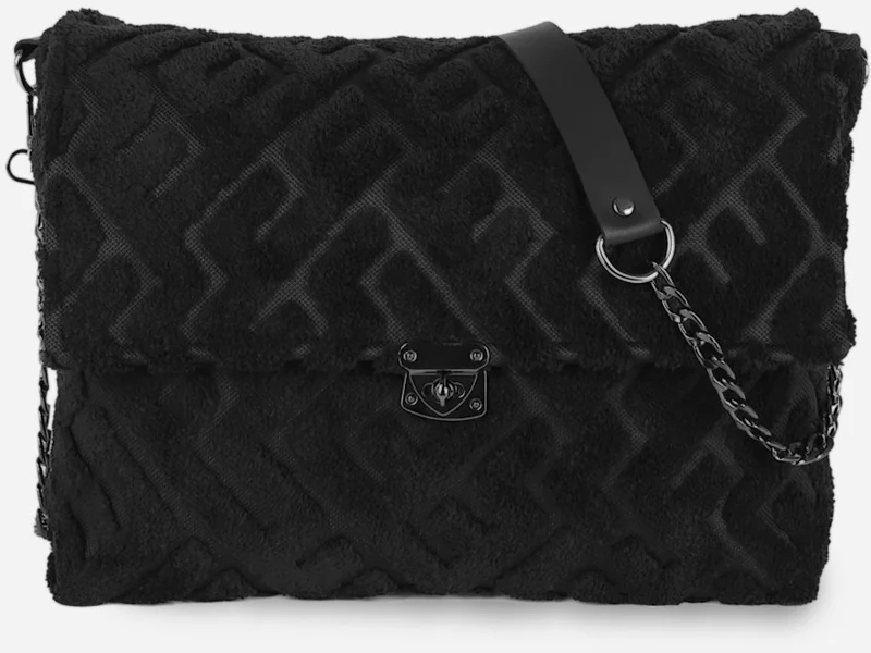 Hamur Dough Women's Fabric Hand and Shoulder Bag Maze Black Fur Plush Knitted Crossbody Bag