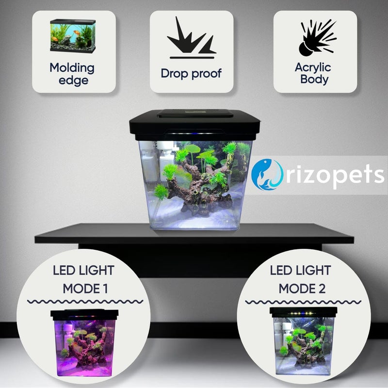 rizopets طقم بدء حوض السمك للأطفال مع فلتر، ضوء LED وزينة | مجموعة حوض سمك مصغرة للمنزل | مثالية لسمك الذهب وبيتا 9 لتر - Image 4