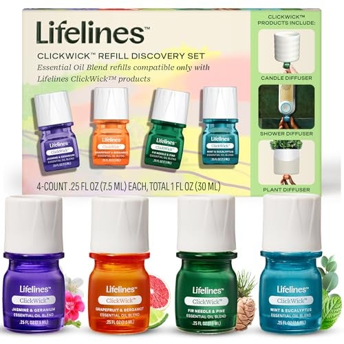 LifeLines ClickWick Essential Oil Blends for Lifelines Diffusers, 4-Pack Discovery Set - Essential Oil Blend Refill for Candle, Plant & Shower Aromatherapy Diffuser - Fragrance for Diffusers - Image 1