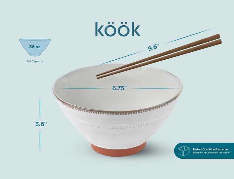 KooK Japanese Ramen Bowls Microwavable Dishwasher Safe Terracotta for Rice Udon Soba Pho 36 oz Cloudy White Set of 2 with 2 Sets of Wooden Chopsticks - Image 5