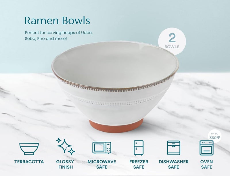 KooK Japanese Ramen Bowls Microwavable Dishwasher Safe Terracotta for Rice Udon Soba Pho 36 oz Cloudy White Set of 2 with 2 Sets of Wooden Chopsticks - Image 4