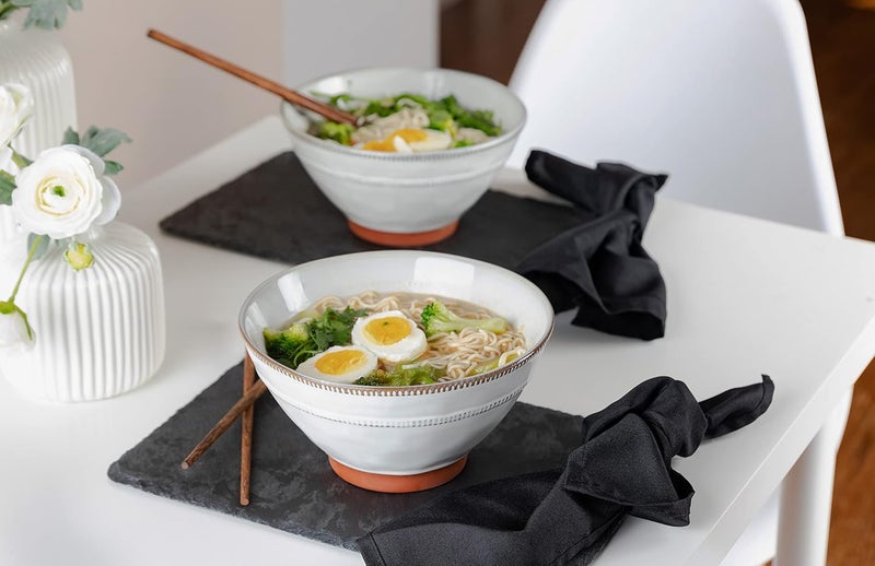 KooK Japanese Ramen Bowls Microwavable Dishwasher Safe Terracotta for Rice Udon Soba Pho 36 oz Cloudy White Set of 2 with 2 Sets of Wooden Chopsticks - Image 3