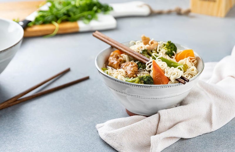 KooK Japanese Ramen Bowls Microwavable Dishwasher Safe Terracotta for Rice Udon Soba Pho 36 oz Cloudy White Set of 2 with 2 Sets of Wooden Chopsticks - Image 2