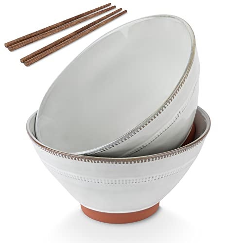 KooK Japanese Ramen Bowls Microwavable Dishwasher Safe Terracotta for Rice Udon Soba Pho 36 oz Cloudy White Set of 2 with 2 Sets of Wooden Chopsticks - Image 1