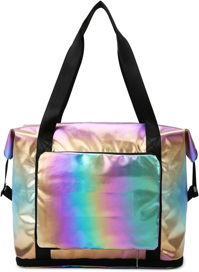 AREO holgraphic Foldable Gym Bag for Women, Sports Travel Duffel Bag, Weekender Overnight Bag, Travel, Yoga, Luxury Handbag Expandable Folding Bag, Lightweight Water Resistant (Dazzling Gold) - Image 1