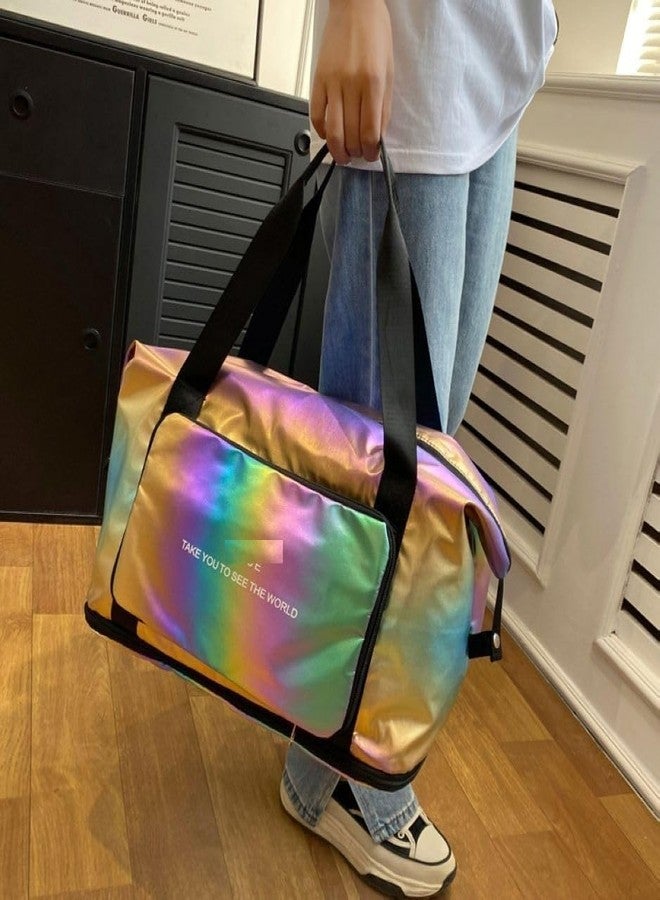AREO holgraphic Foldable Gym Bag for Women, Sports Travel Duffel Bag, Weekender Overnight Bag, Travel, Yoga, Luxury Handbag Expandable Folding Bag, Lightweight Water Resistant (Dazzling Gold) - Image 3