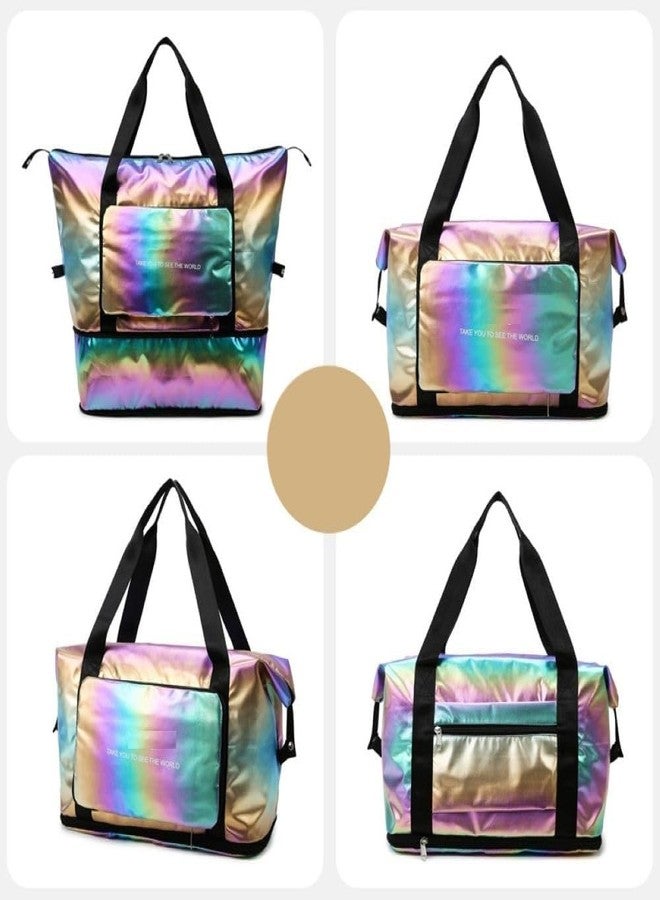 AREO holgraphic Foldable Gym Bag for Women, Sports Travel Duffel Bag, Weekender Overnight Bag, Travel, Yoga, Luxury Handbag Expandable Folding Bag, Lightweight Water Resistant (Dazzling Gold) - Image 2