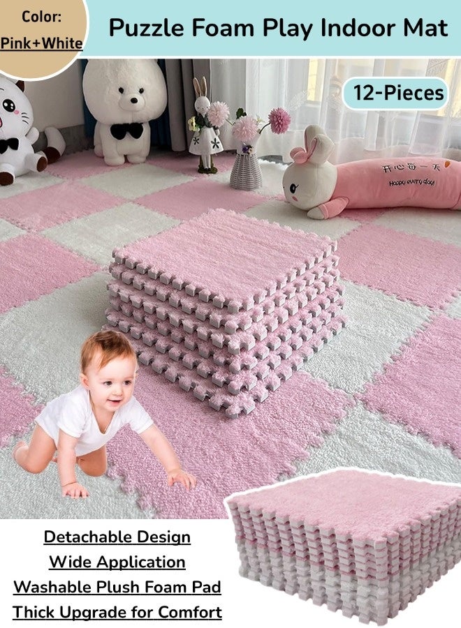 12-Pieces Puzzle Foam Play Indoor Mat, Soft Plush EVA Play Mat, Square Interlocking Baby Play Mat Set with Edges, Durable High Quality And Long Lasting, for Floor Protection, Baby Floor Mat for Kids Room Home Parlor Bedroom (Pink+White, 30x30cm)  - Image 1
