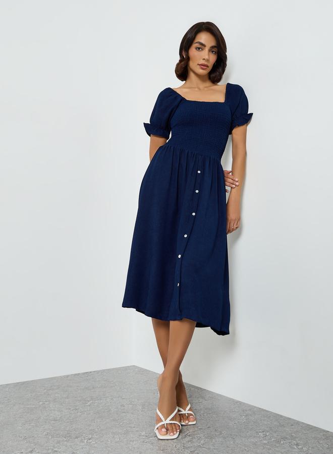 Maxim Creation Navy Blue Smocked Bodice Knee Length Dress - Image 3