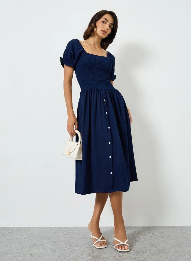 Maxim Creation Navy Blue Smocked Bodice Knee Length Dress