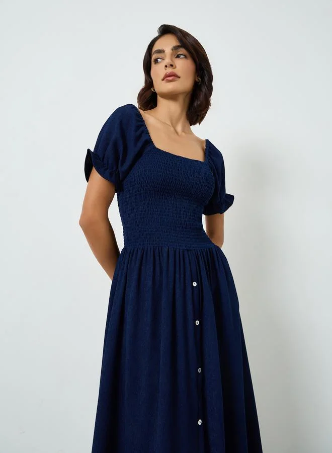 Maxim Creation Navy Blue Smocked Bodice Knee Length Dress