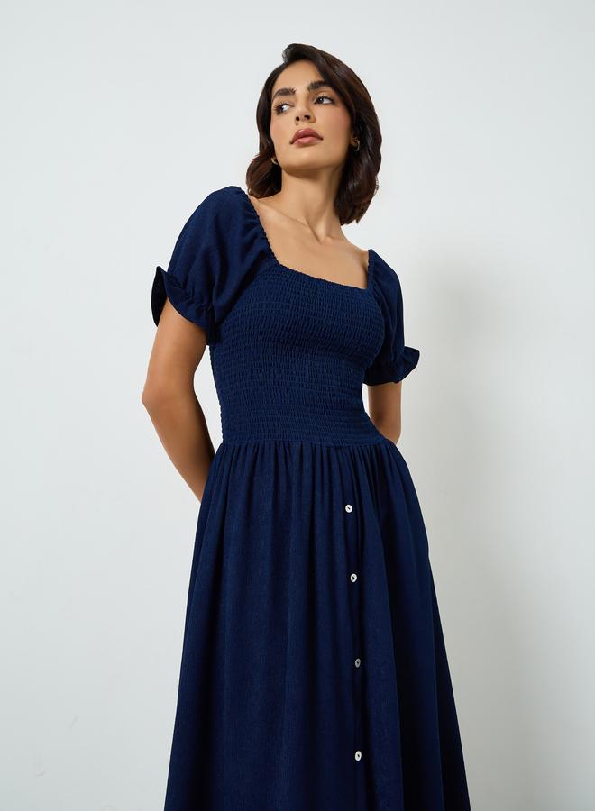 Maxim Creation Navy Blue Smocked Bodice Knee Length Dress - Image 2